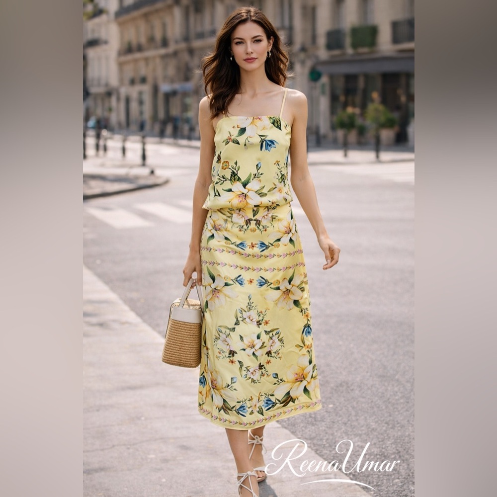 Rachel Zoe Yellow Floral Slip Skirt Set with Pink & Blue Blooms – XS